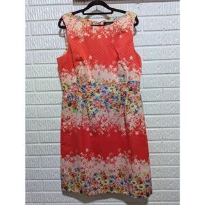Tahari Women's Orange Floral Fitted Waist Sleeveless Boat Neck Shift Dress Size